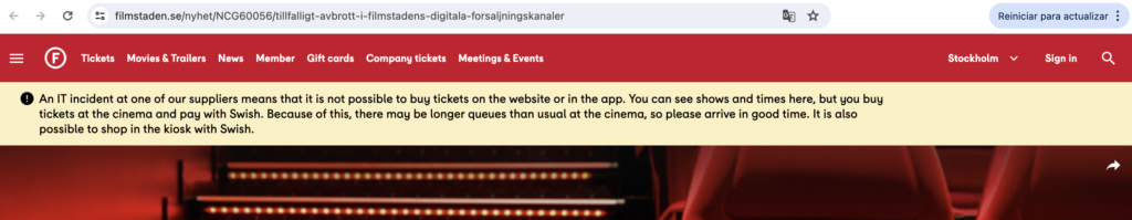 Message on Filmstaden's website warning of the IT outage - Akira Ransomware impact