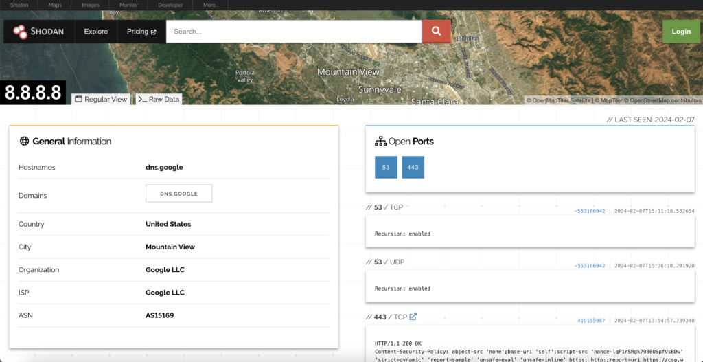 Shodan - 8.8.8.8 search