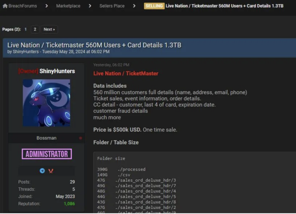 TIcketmaster data breach -Post on BreachForums by ShinyHunters
