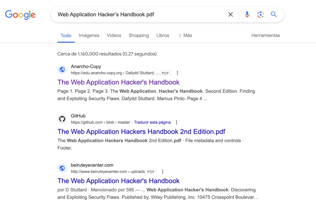 Example - Google search 1 of the 20 free hacking books