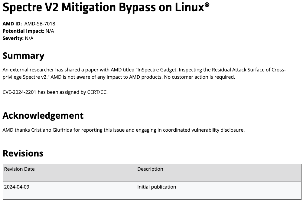  CVE-2024-2201 - AMD said it's "aware of any impact" on its products.